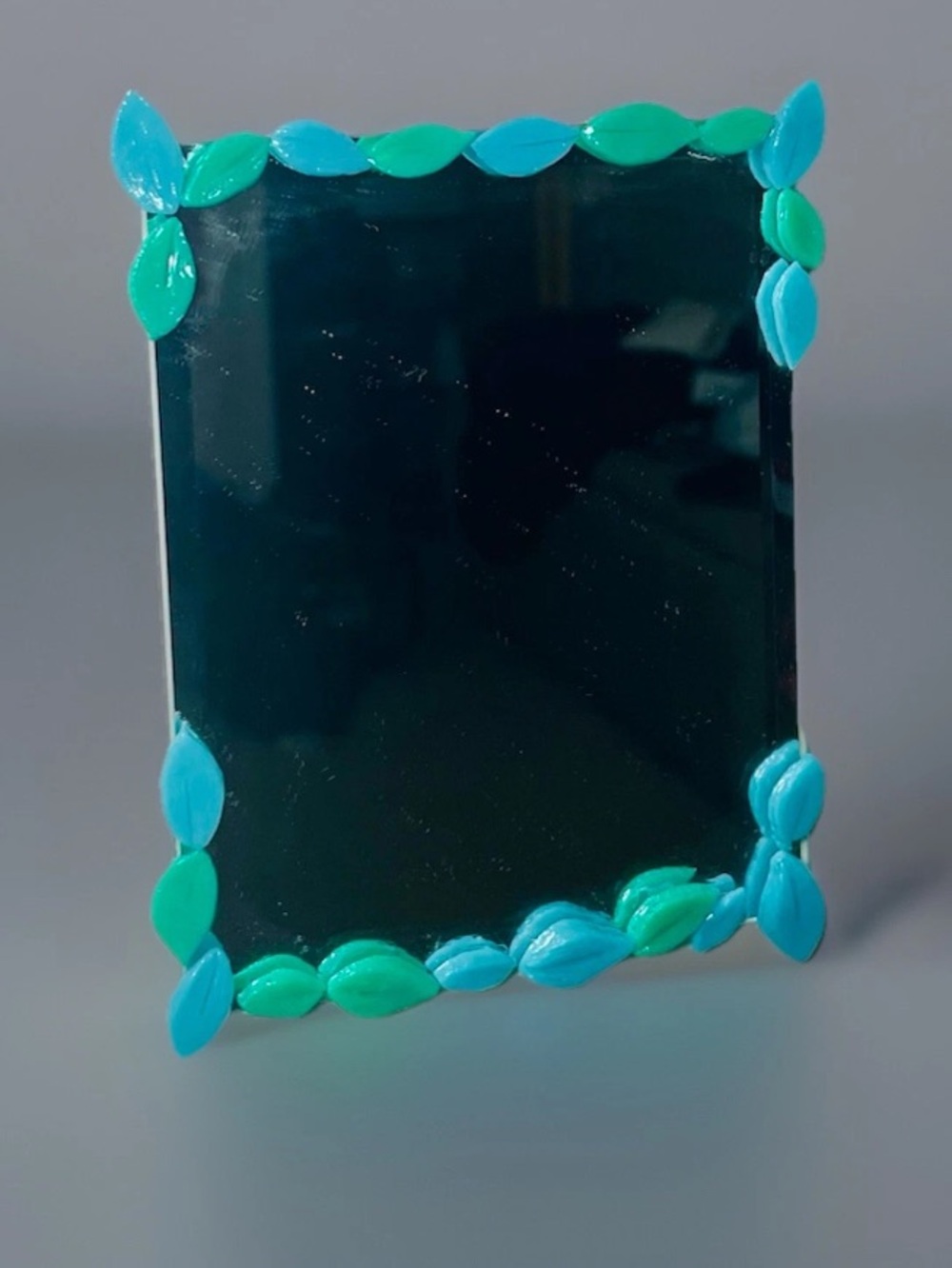 Handmade Mini Ceramic Teal & Aqua Leaves Bordered Mirror 4X5in